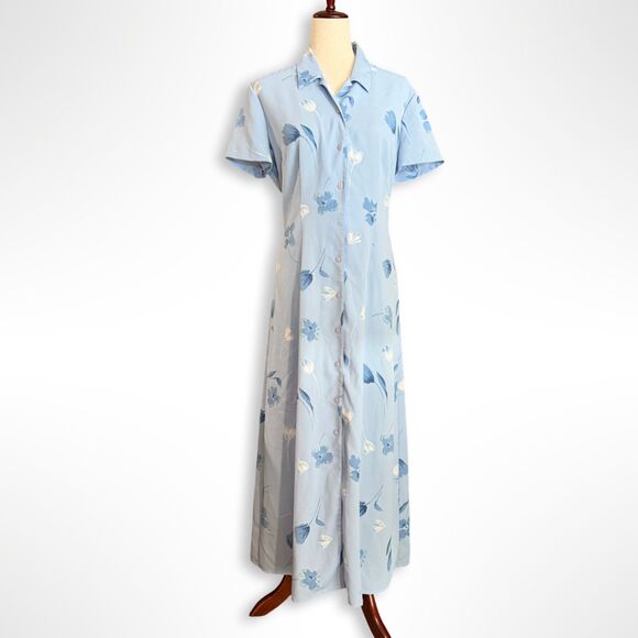 Liz Claiborne Dresses & Skirts - VTG 90s Button Collared Short Sleeve Blue Floral Maxi Dress, 12, Y2K Cottagecore
